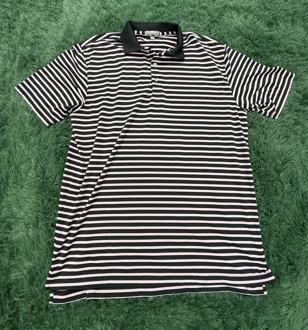 Peter Millar Summer Comfort Polo Shirt Men's Large L Black Pink Stripe Golf